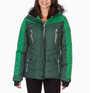 Avalanche Faux-Fur Hood Quilted Parka Jacket in navy blue, size Small.